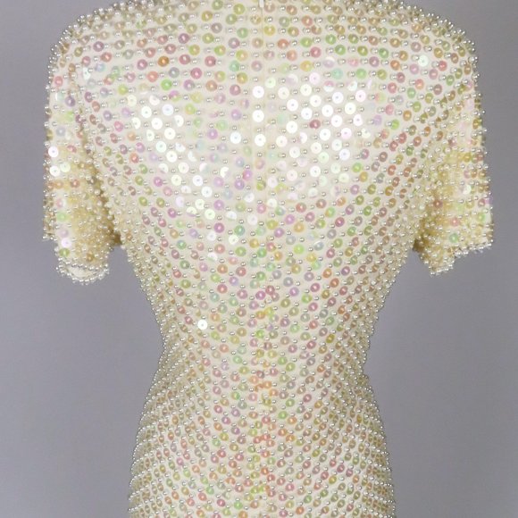 Vintage 80s Pearl Heavily Beaded Cocktail Party Prom Trophy Sheath Dress  S M - Picture 16 of 16